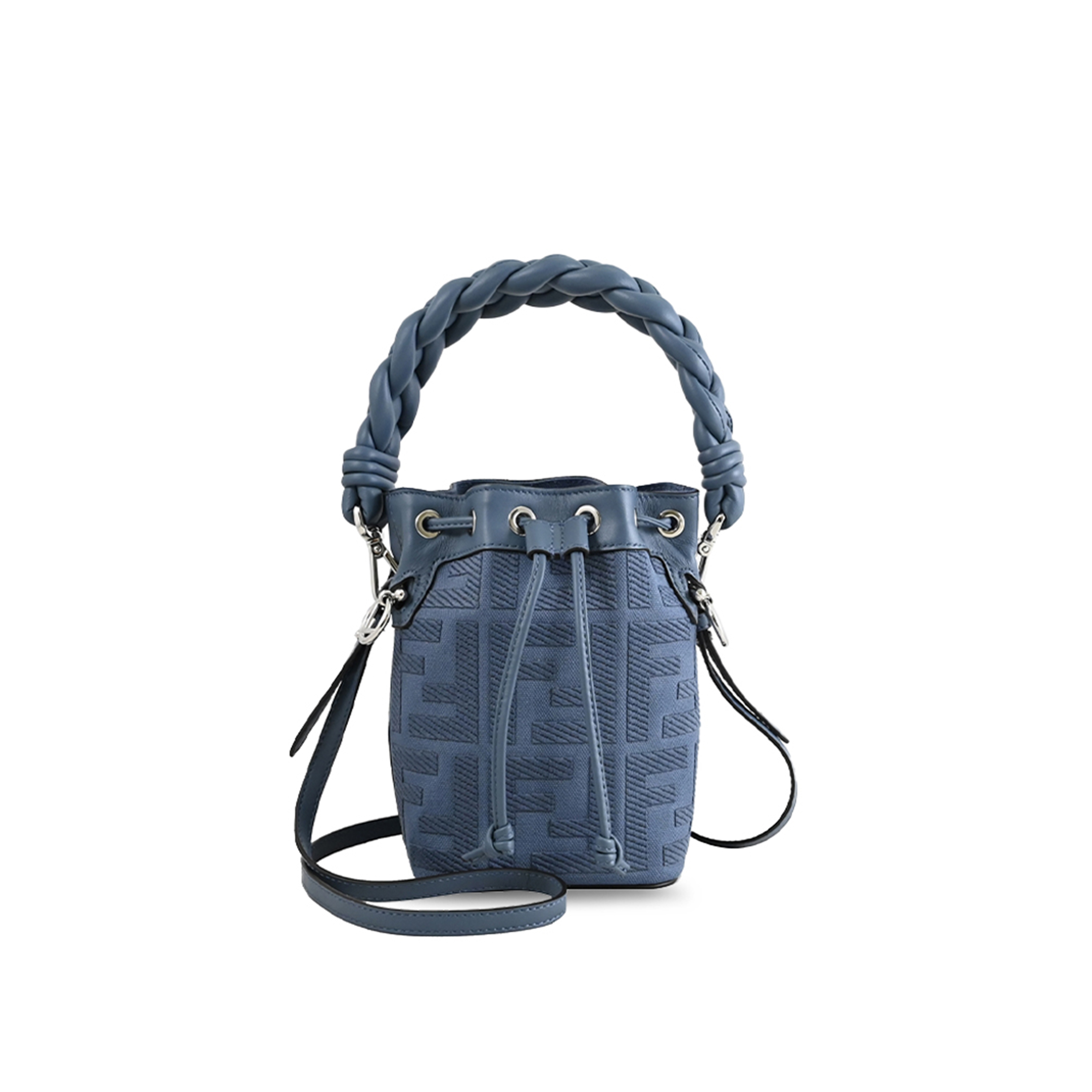 FENDI EMBROIDERED FABRIC AND LEATHER MINI MON TRESOR BUCKET BAG (18*12*10cm) 